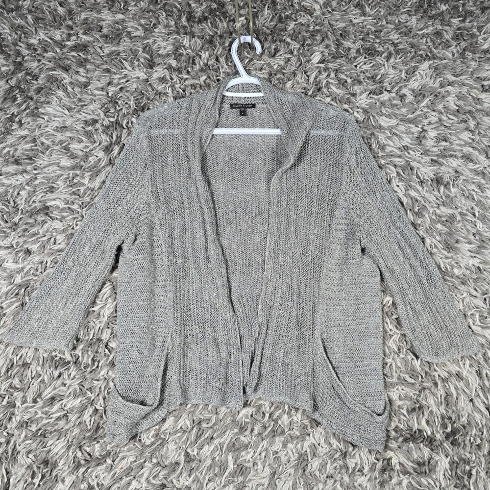 Eileen Fisher Gray Linen Silk Open Front Mesh Knit Cardigan Sweater Womens Sz M